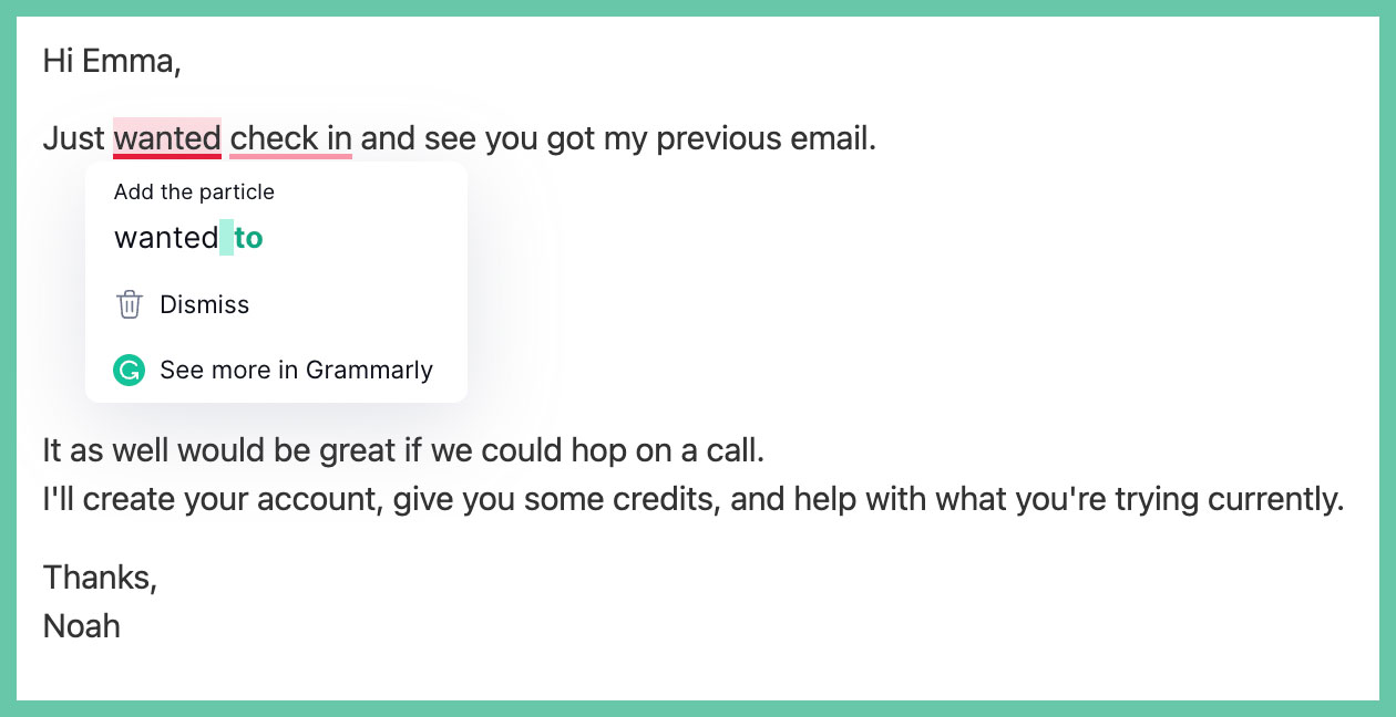 Screenshot of example edits by Grammarly