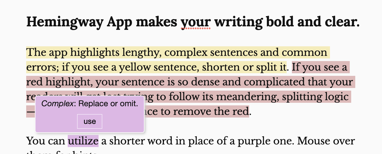 Screenshot of example edits by Hemingway