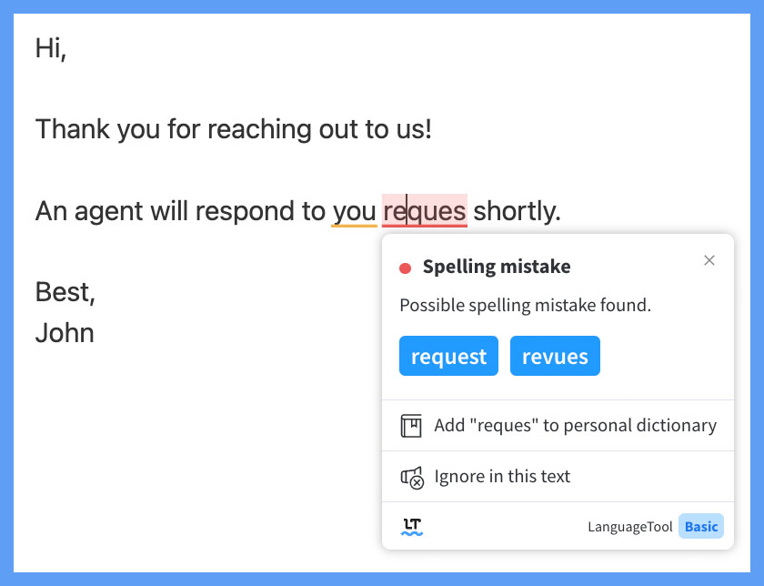 Screenshot of example edits by LanguageTool