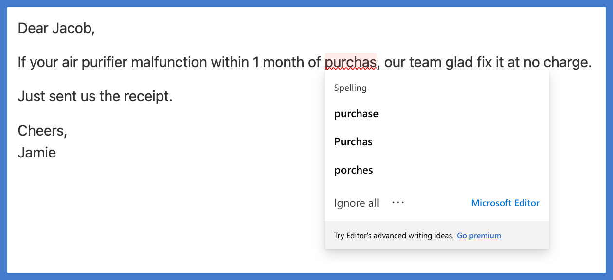 Screenshot of example edits by Microsoft Editor