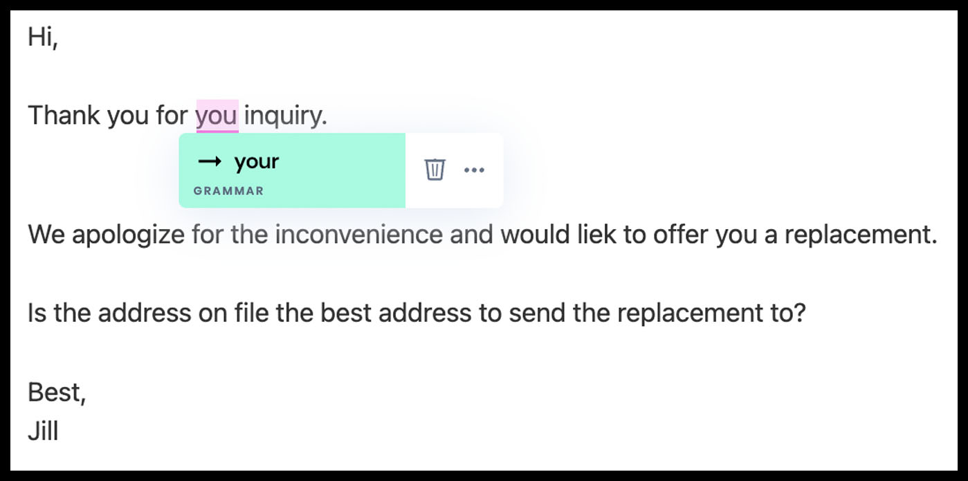 Screenshot of example edits by Writer